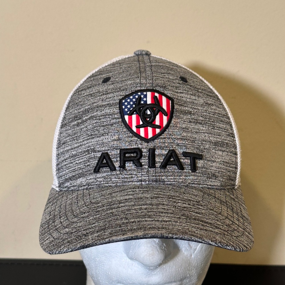 Ariat Mens Heather Grey American Flag Shield Logo Flexfit 110 Trucker Hat Cap